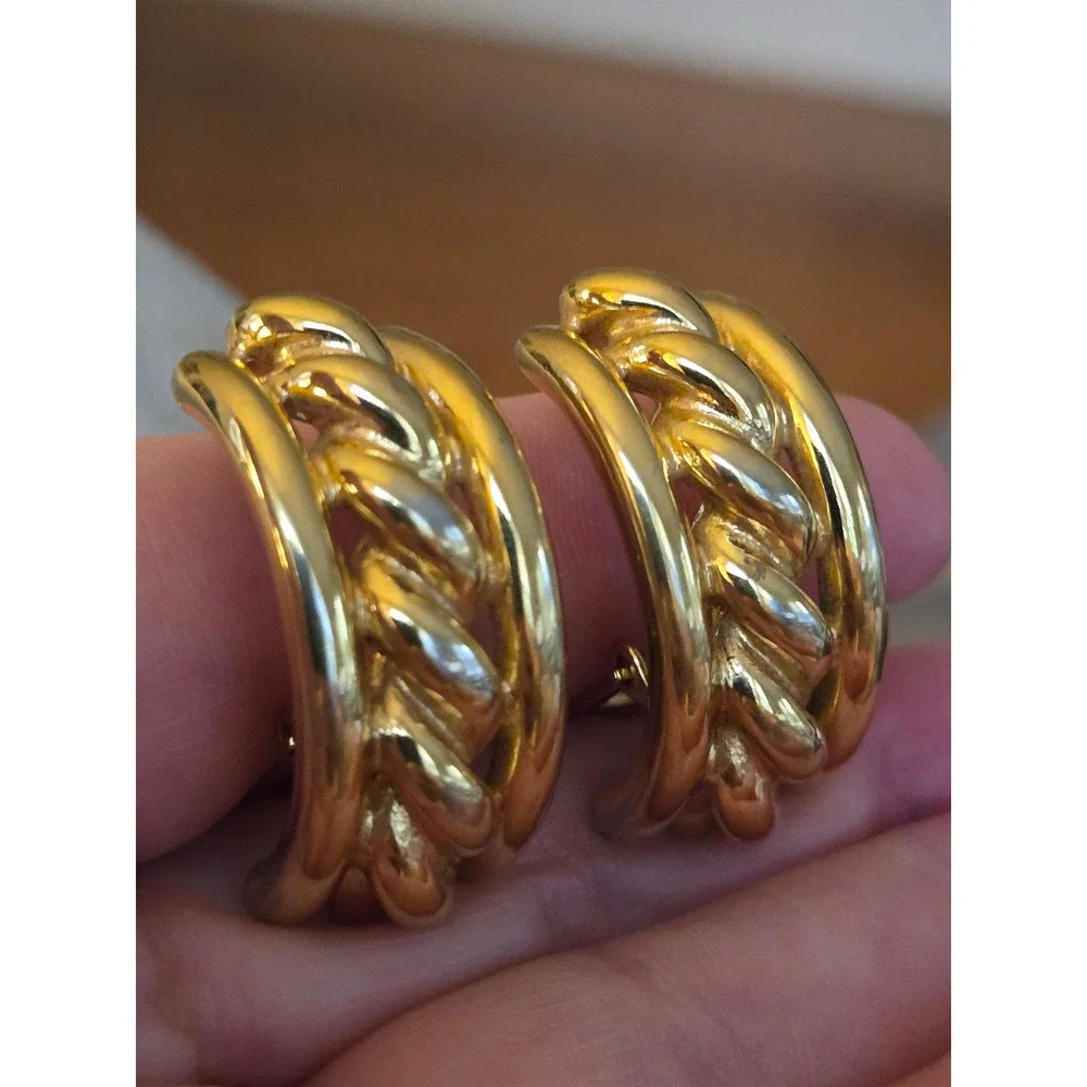 St John  Chunky Half Hoop Clip On Earrings Statement Vintage Signed